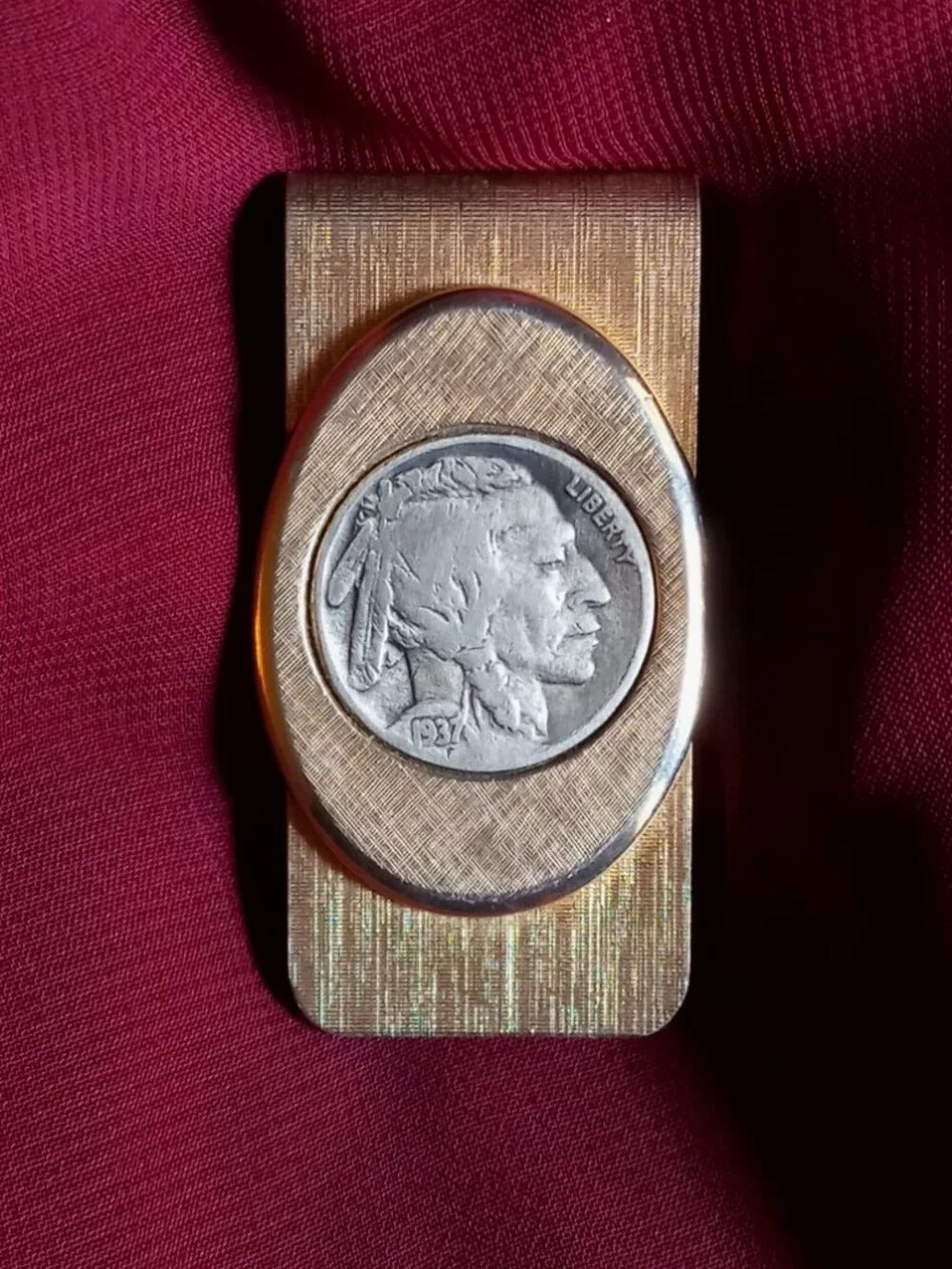 Vintage Gold-Tone Money Clip with Authentic 1937 F Buffalo Nickel & Name: 